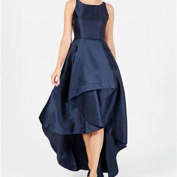 Adrianna Papell Mikado high lo formal gown navy blue designer XS 0 2 wedding - Picture 2 of 9